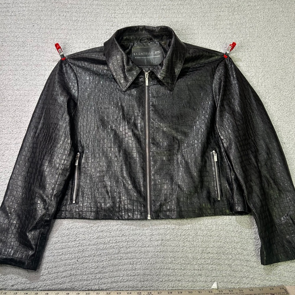 Bagatelle NYC Jacket 90s Cropped XL Black Crocodile Embossed Faux Leather Moto‎